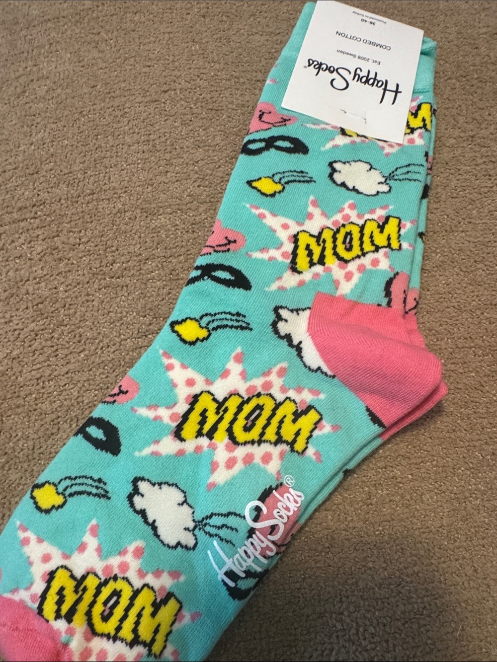 Happy Socks Turquoise Pink MOM Pop Art Crew Socks